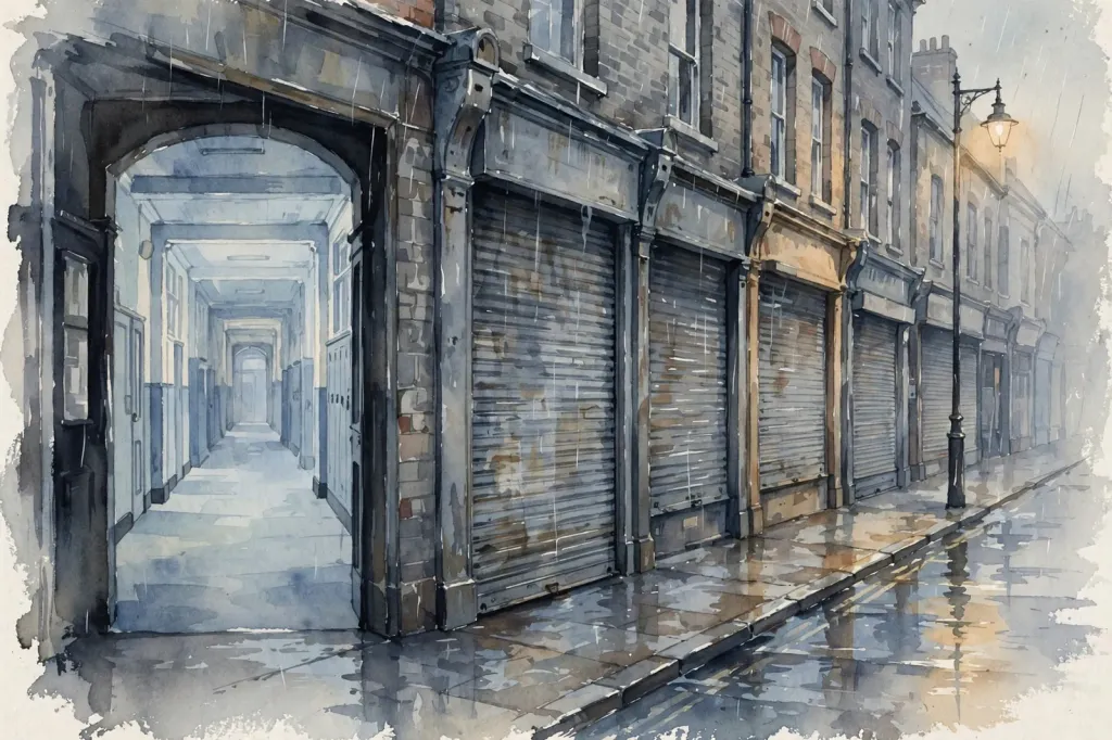 Editorial watercolour of an empty rain-soaked British high street with shuttered shopfronts and a deserted school corridor, symbolising youth unemployment