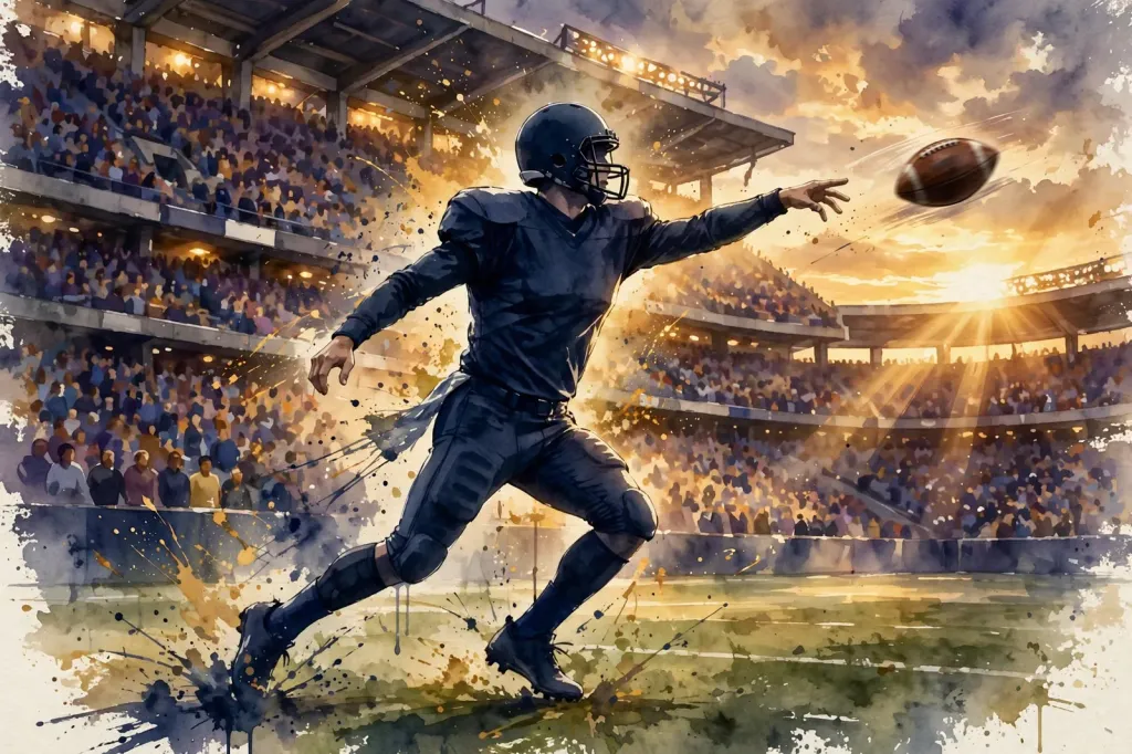 Watercolour editorial illustration of an anonymous helmeted quarterback throwing in a packed stadium at dusk — stylised concept for Caleb Williams's 50th career touchdown (illustration)