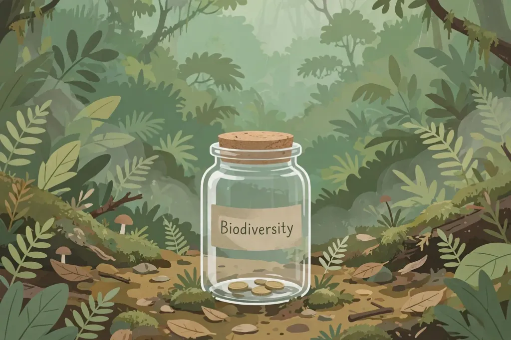 Editorial illustration of a near-empty coin jar labelled for biodiversity against a rainforest backdrop