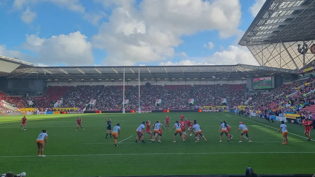 Women's rugby players contest a line-out during the Canada versus Australia quarter-final of the Women's Rugby World Cup 2025 at Bristol; library photo of the Canada women's rugby team.