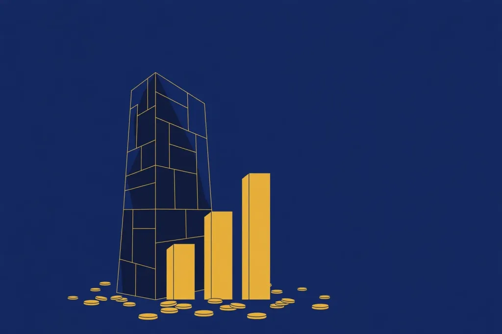Illustration of a stylised glass bank tower with rising gold bar-chart columns and coins, representing Capitolis's $220m financing round