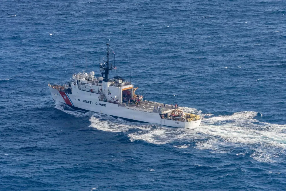 A US Coast Guard cutter patrolling at sea