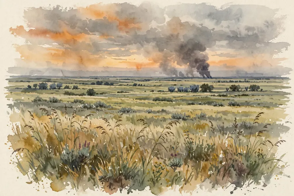 Watercolour editorial illustration of an Alberta prairie at dusk with a distant smoke column on the horizon (illustration, not the incident)