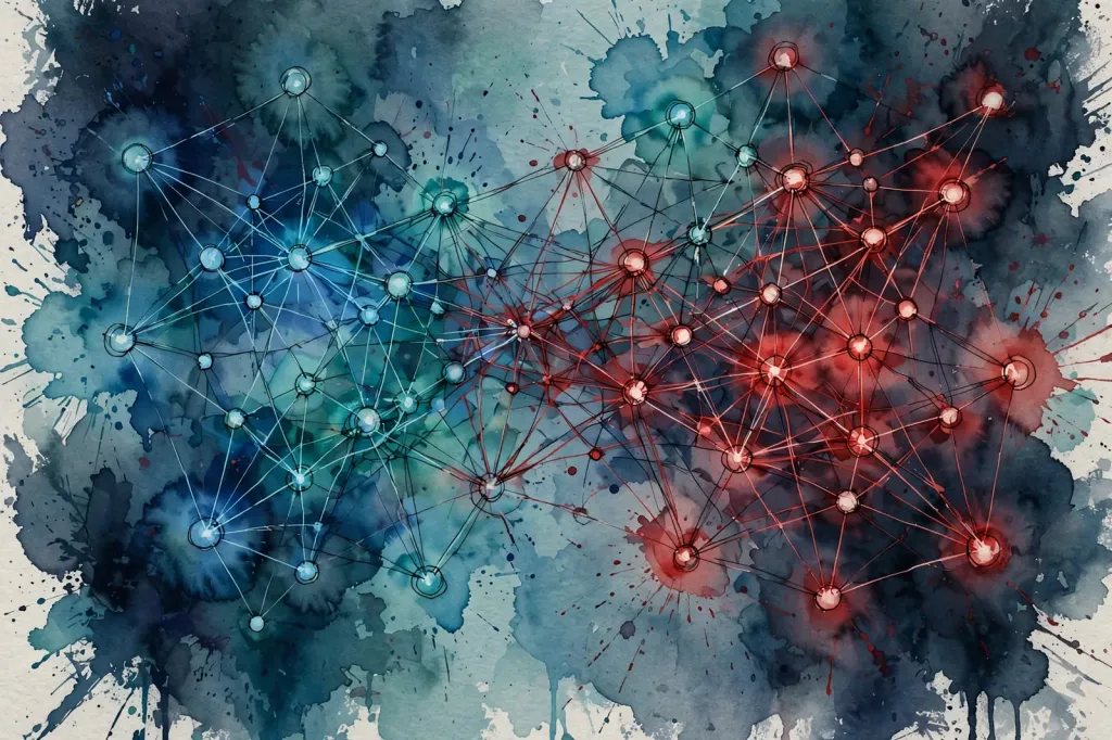 Watercolour editorial illustration of a computer network under attack: glowing teal nodes on the left give way to red compromised nodes on the right, over washes of indigo and teal