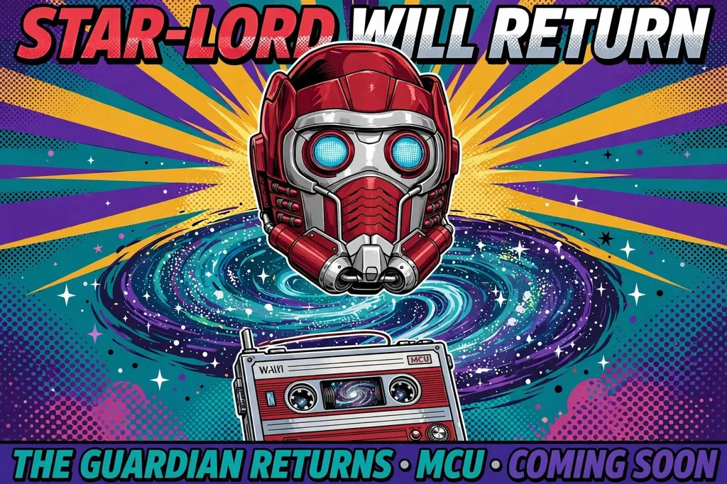 Comic-book style editorial illustration of Star-Lord's crimson-and-silver mask with glowing eyes floating above a retro cassette Walkman over a galaxy swirl, with 'STAR-LORD WILL RETURN' lettering. Non-photorealistic illustration; not a likeness of Chris Pratt (Illustration)