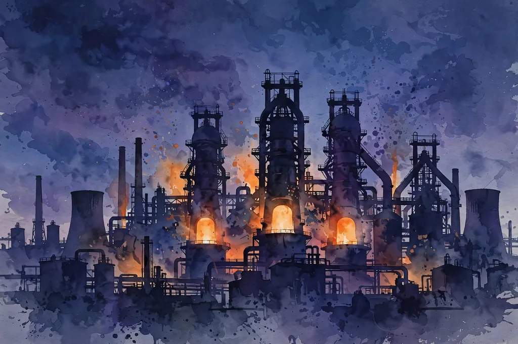 Abstract watercolour editorial illustration of a steel mill and blast furnace silhouettes at dusk — an illustration, not a photograph.