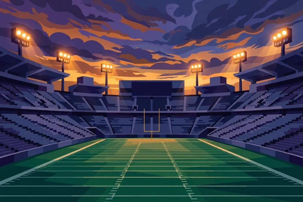AI-generated editorial illustration of an empty American football stadium under floodlights, stylised and non-photorealistic