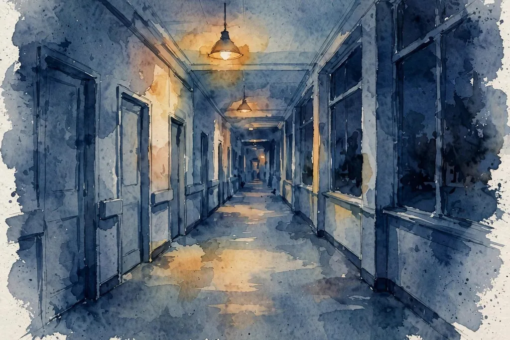 Watercolour illustration of an empty hospital corridor at night