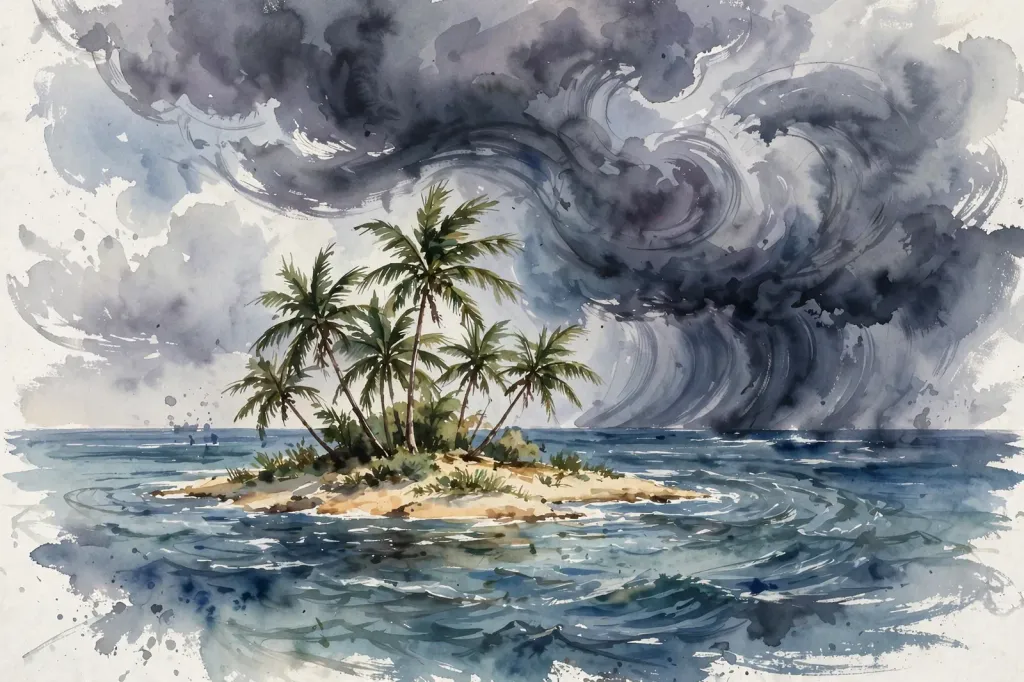 Watercolour illustration of a tropical island with palm trees under dark approaching storm clouds