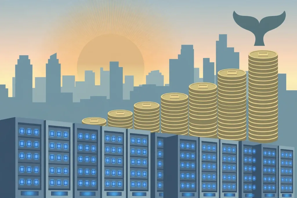 Illustration of server racks, rising gold coin stacks and a whale-tail motif representing DeepSeek's record AI funding round