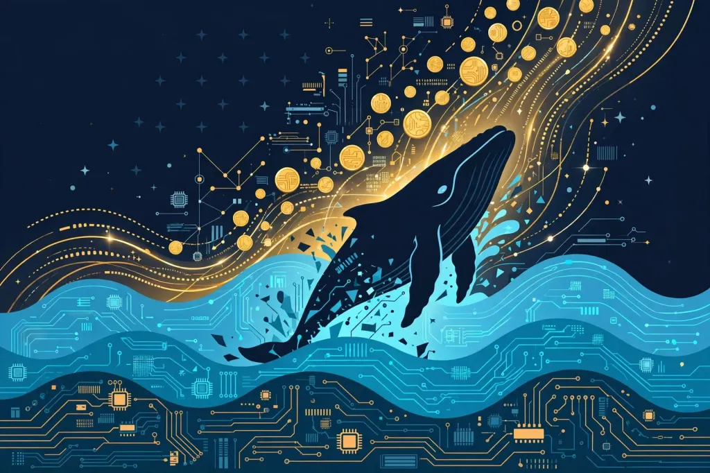 Abstract editorial illustration of a stylised whale breaching through circuit-board waves with rising golden data coins, clearly non-photorealistic, labelled as illustration