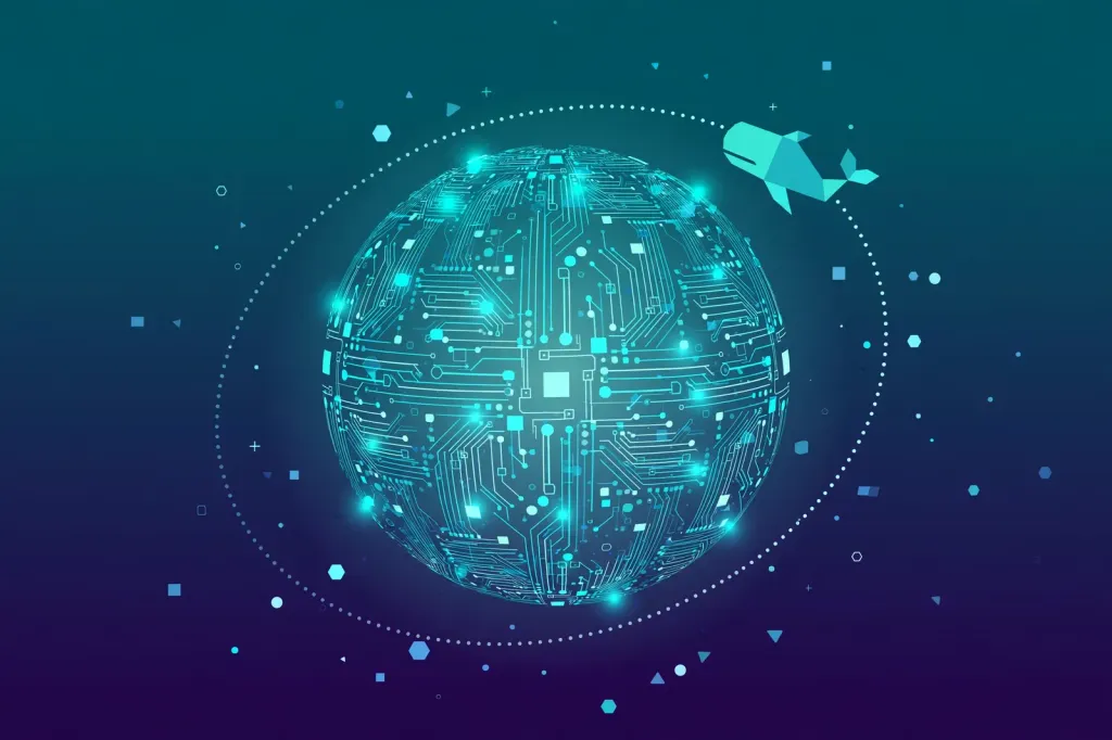 Illustration: a stylised circuit-board globe orbited by a geometric whale, symbolising Chinese AI models going global.