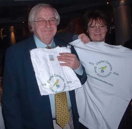 Michael Wynn-Jones (left) with Delia Smith holding Capital Canaries Norwich City supporters T-shirts, March 2007