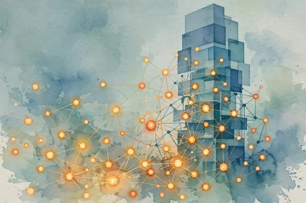 A stylised watercolour illustration of a corporate office tower merging with glowing neural-network nodes.
