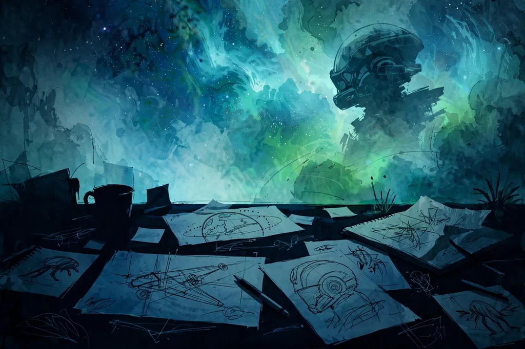 Stylised editorial illustration of a darkened game-studio desk with a glowing blue-green nebula haze and the silhouette of a sci-fi helmeted figure