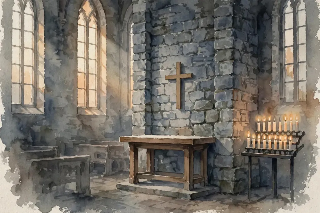Watercolour illustration of a quiet church interior with a wooden altar, a cross on the stone wall and glowing candles. (Illustration: Flip News)