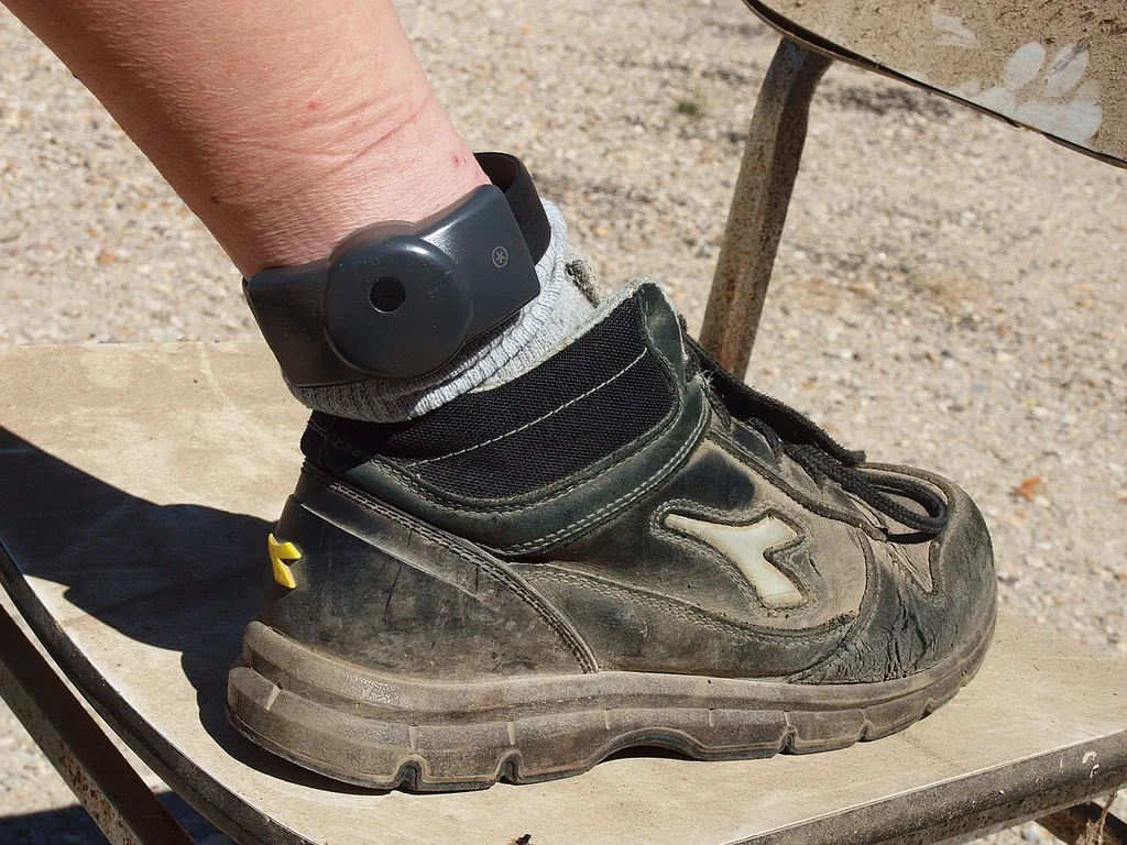 An electronic monitoring ankle bracelet worn above a shoe on a person's ankle