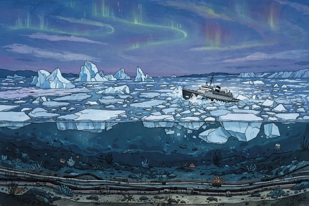 Editorial illustration of an Arctic seascape with icebergs, an icebreaker cutting through sea ice, and undersea cables along the seabed