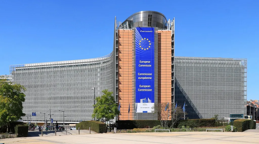 The Berlaymont building, seat of the European Commission, with the EU-star banner on its facade, Brussels.