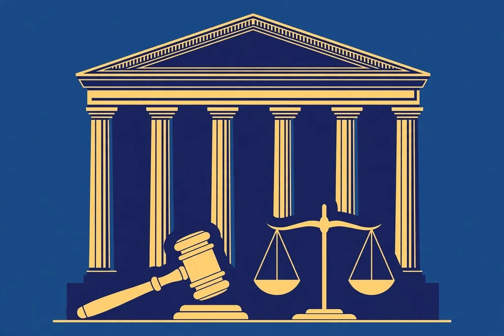 Stylised editorial illustration of a courthouse facade with columns, a judge's gavel and the scales of justice in gold on deep blue