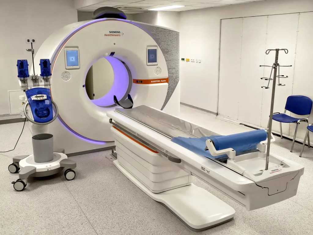 A Siemens Healthineers Naeotom Alpha CT scanner with an empty patient table in a hospital imaging room