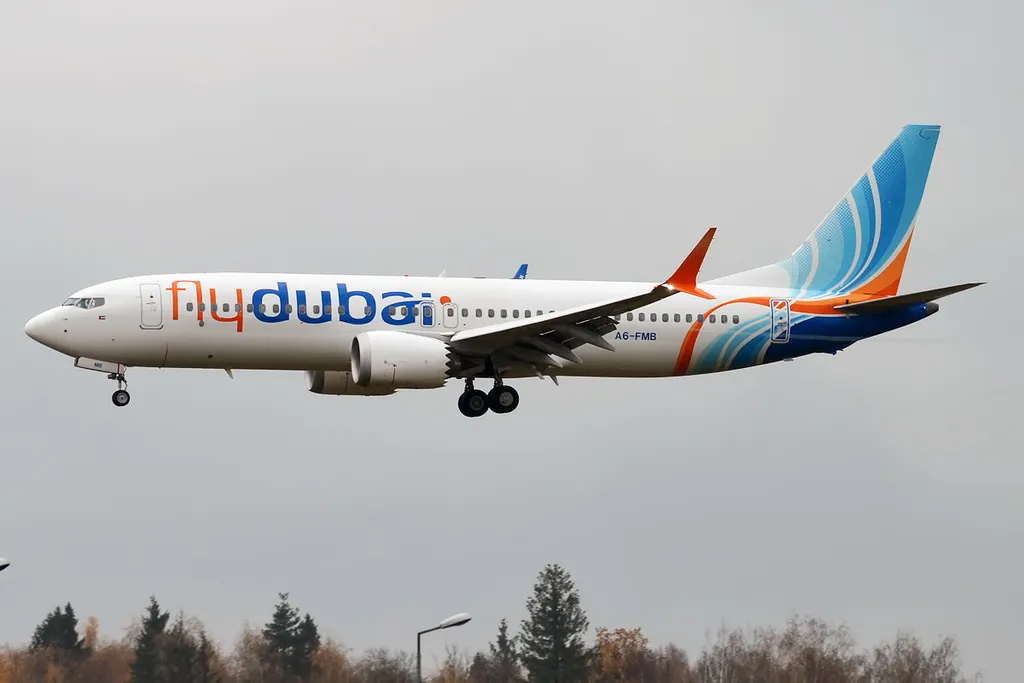 A Flydubai Boeing 737 MAX 8 airliner on approach to landing