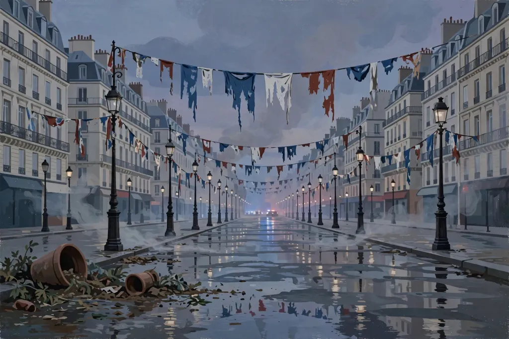 Illustration: a stylised dusk scene of a Parisian boulevard in the aftermath of protests — drifting smoke, overturned planters and distant siren glow