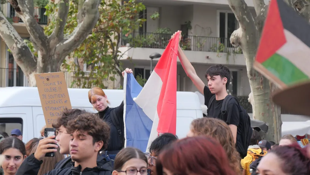 A young demonstrator holds a French tricolour aloft at a student march in Perpignan on 6 October 2026, as nearby protesters carry a handmade sign in French supporting striking school and university students.