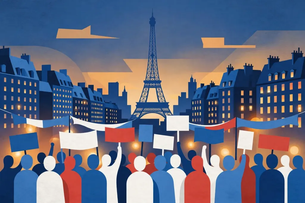 Illustration of featureless silhouetted protesters holding blank placards before a stylised Paris skyline, representing the French student protests