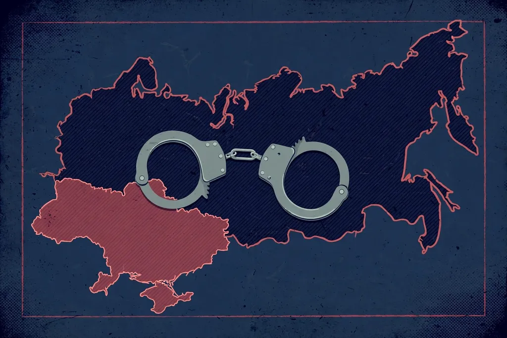 Editorial illustration of handcuffs over a map of Russia and Ukraine