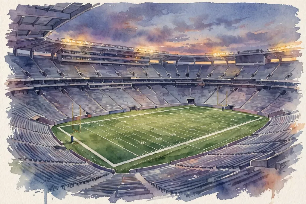 Watercolour illustration of an American football stadium at dusk with empty stands