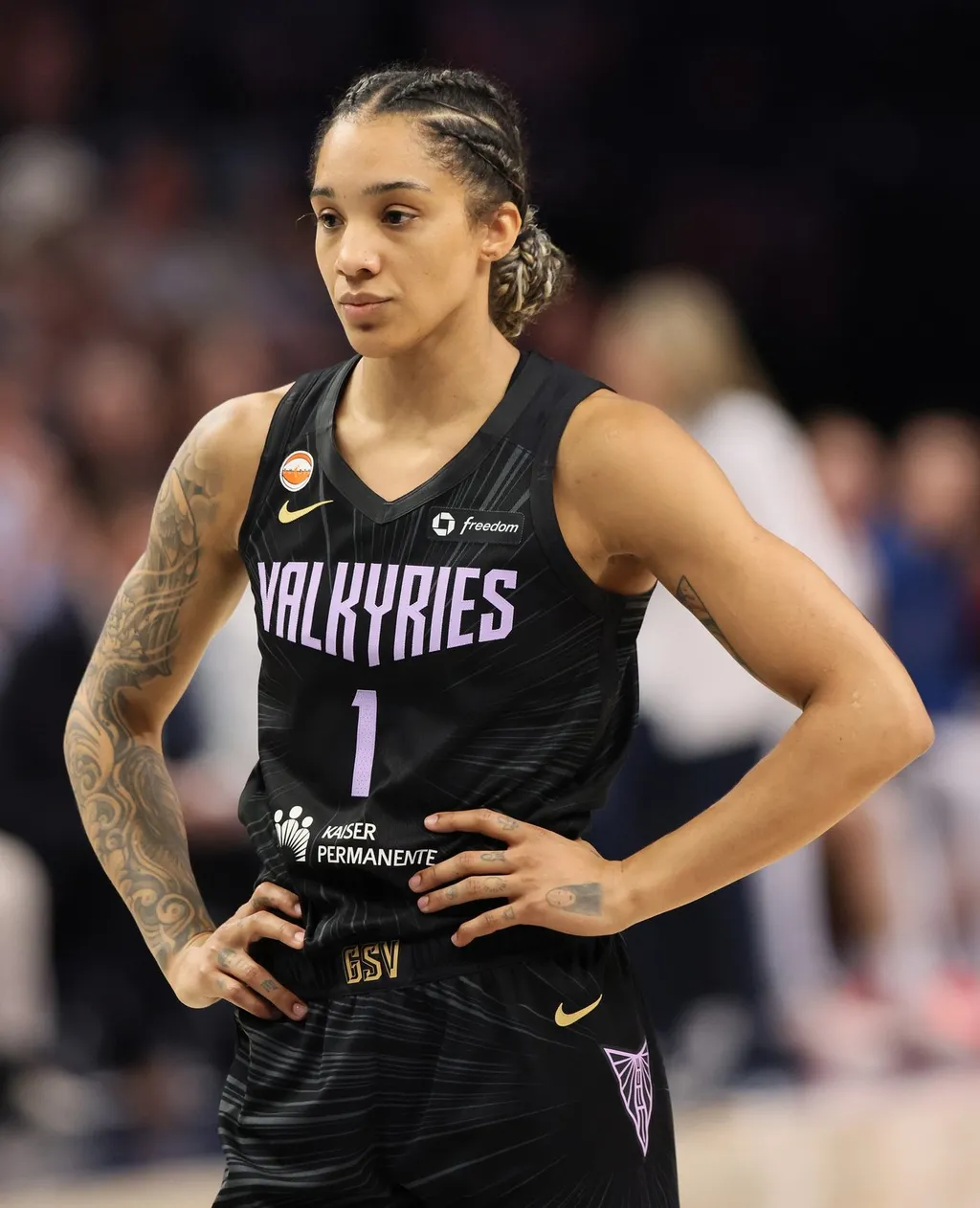 Golden State Valkyries star Gabby Williams in the team's black number-1 jersey during a 2026 WNBA game