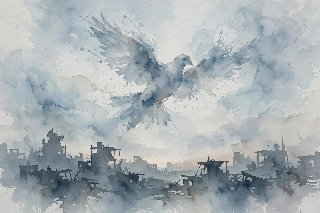 Illustration: a dove in watercolour over a ruined cityscape, representing the Gaza ceasefire