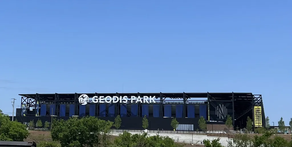 The south facade of GEODIS Park in Nashville, Tennessee, with GEODIS PARK signage and Nashville SC branding visible