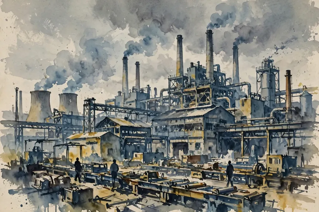 Watercolour editorial illustration of a German industrial manufacturing scene: factory halls, smokestacks and assembly lines under a grey sky, in muted blues and ochres. (Illustration: Flip News)