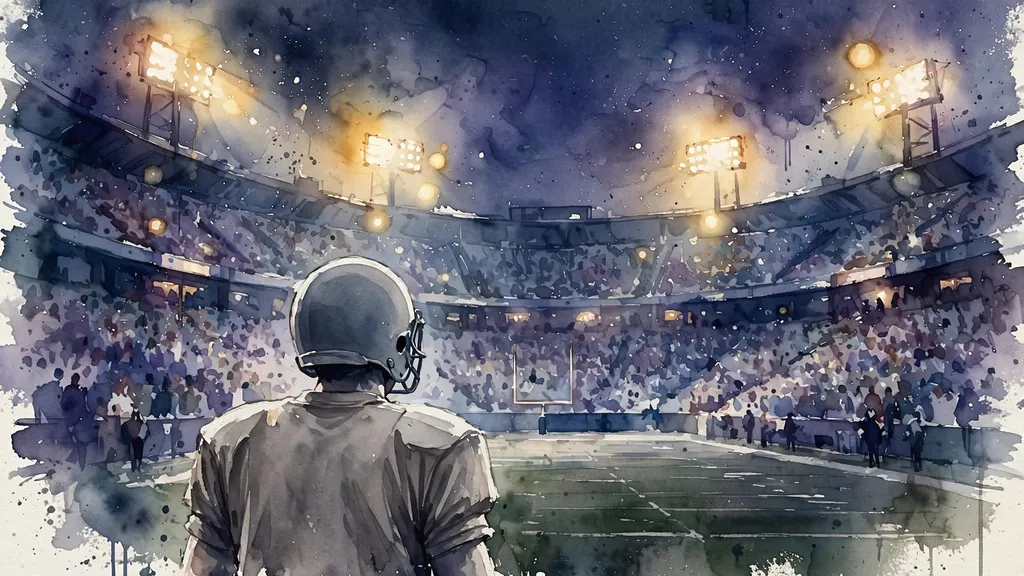 Watercolour editorial illustration: a stylised anonymous American football quarterback seen from behind, wearing a plain unbranded helmet, under the floodlights of a night stadium. (Illustration: Flip News)