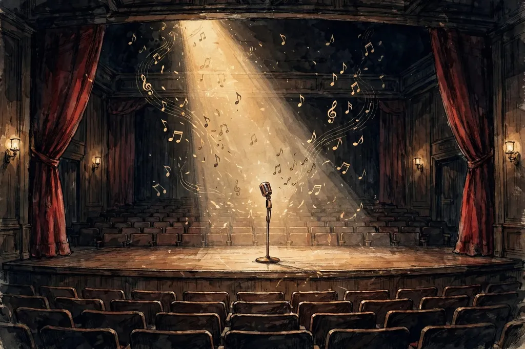 Illustration of an empty school theatre stage with a spotlight and a microphone stand