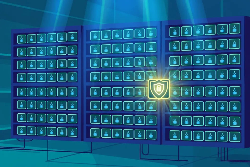 Illustration of server racks holding rows of glowing microVM containers, each containing an abstract AI agent icon, with a shield-lock symbol representing hardware-level isolation