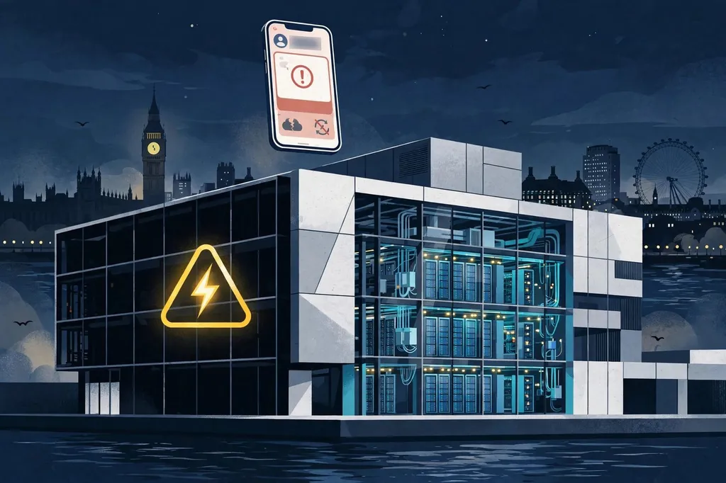 Illustration of a London data centre building at night with a glowing power-warning symbol and a smartphone showing a banking app error