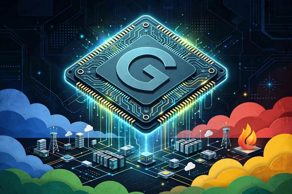 AI-generated editorial illustration of a glowing processor chip bearing the Google G, rising over a stylised cloud datacentre landscape — an illustration for the story on Google open-sourcing TorchTPU.