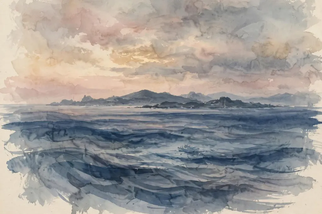 Watercolour-style illustration of an Aegean seascape at dawn, with a distant island silhouette and a small coast guard vessel in soft blue and gold washes