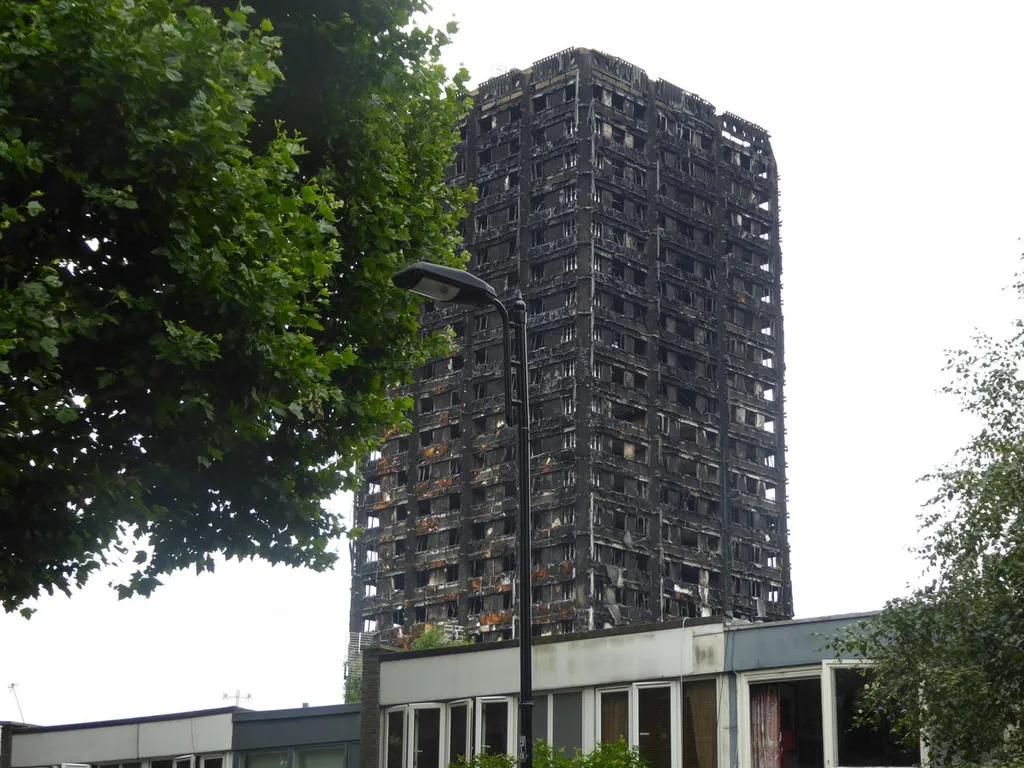 The fire-gutted shell of Grenfell Tower in North Kensington, its blackened 24-storey facade standing behind a street lamp and trees, photographed a month after the June 2017 blaze