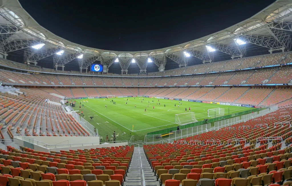Night-time view of the Al-Jawhara Stadium (King Abdullah Sports City) in Jeddah, the venue for the Gulf Cup 27 final between Saudi Arabia and the UAE.