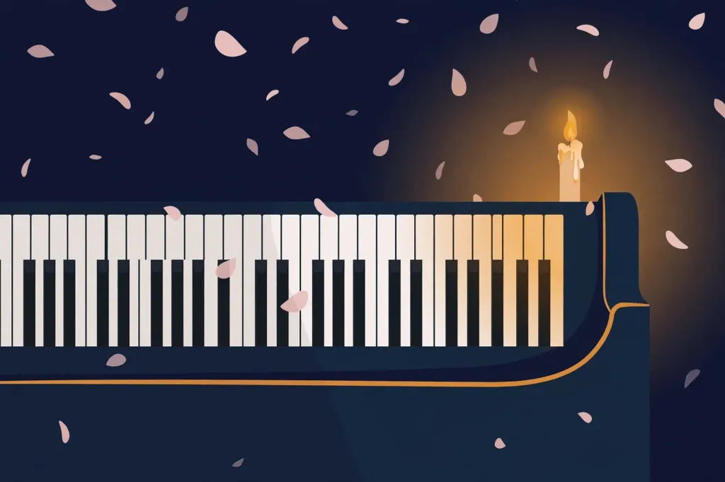 Illustration: a stylised memorial scene of piano keys, a lit candle and falling petals on a deep blue background
