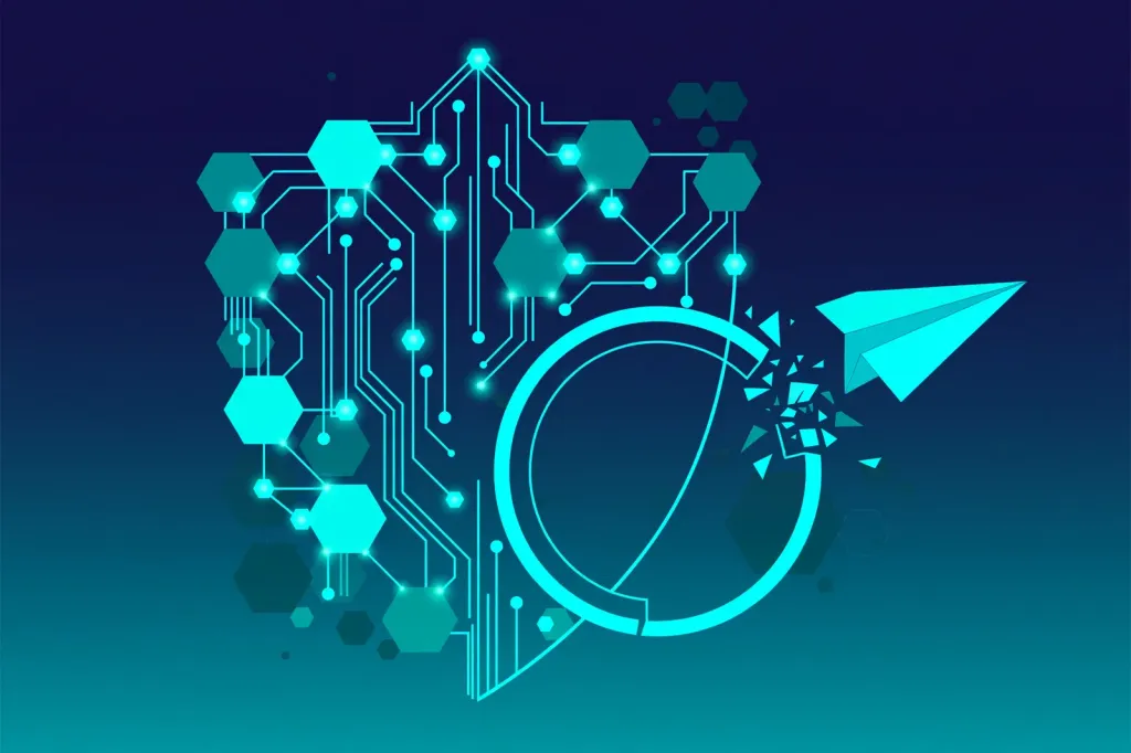Stylised teal illustration of a shield formed by circuit lines and hexagon nodes, with a paper aeroplane breaking through a ring