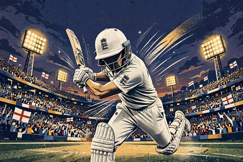 Editorial illustration of a cricket batsman playing a lofted stroke under floodlights in a packed stadium.