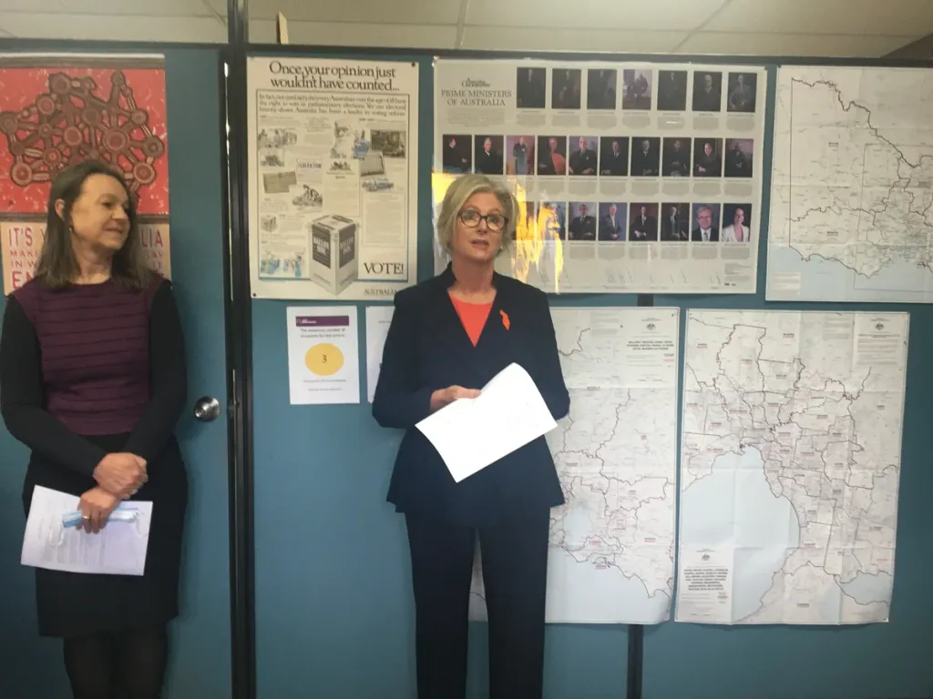 Independent federal MP for Indi Helen Haines speaking at the 2022 Indi results declaration in Wangaratta.