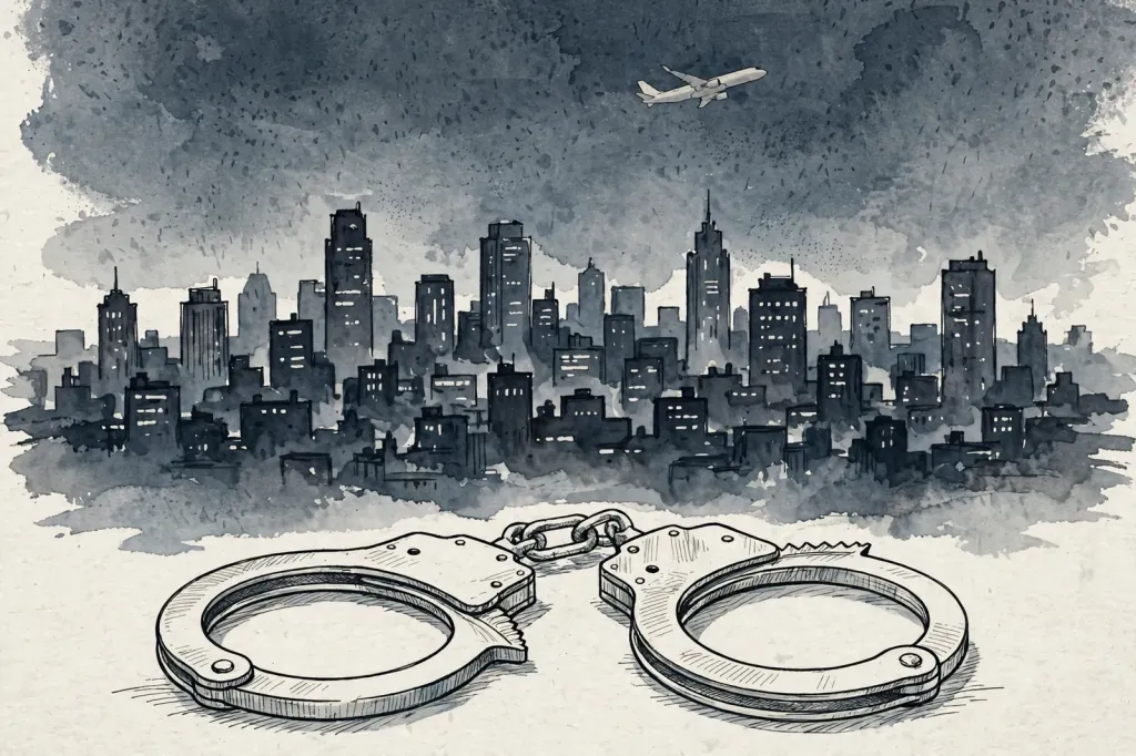 Editorial illustration of handcuffs before a city skyline at night with an aeroplane overhead, symbolising the international manhunt for Himanshu Bhau ending in his FBI detention in the US