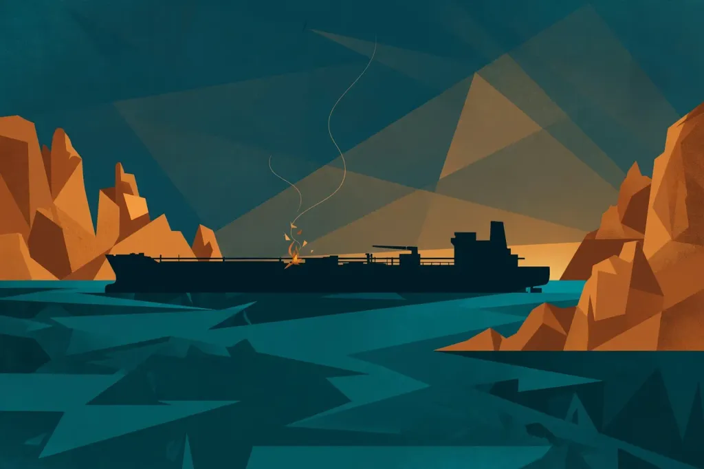 Stylised editorial illustration of an oil tanker silhouette in the Strait of Hormuz at dusk with an extinguished fire glow, clearly non-photorealistic, labelled illustration