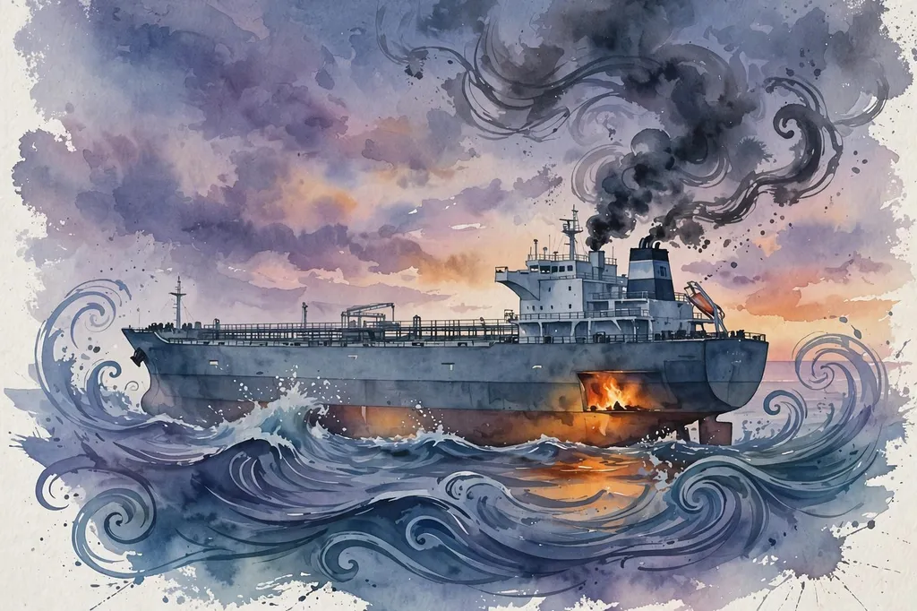 Watercolour editorial illustration of an oil tanker with a dark smoke plume and fire glow at sea at dusk.